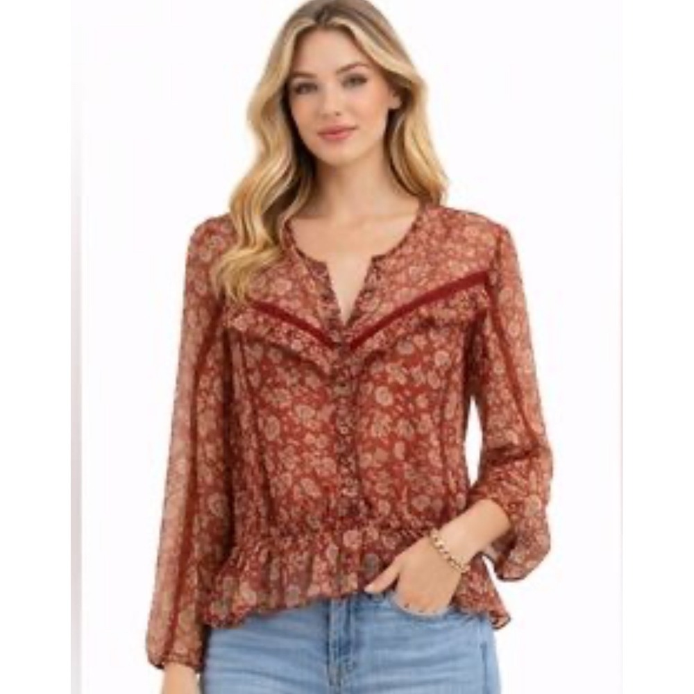 American Eagle Burgundy Floral Sheer Metallic Peplum Boho Blouse Size Medium